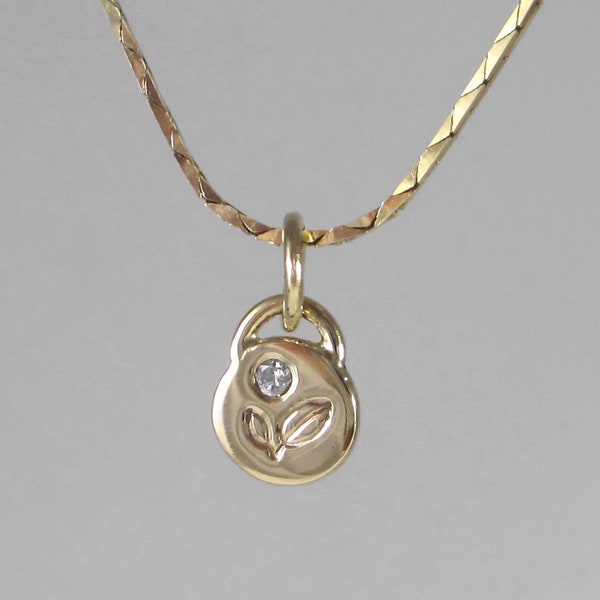 Diamond Petal Charm * 14k Gold and Natural Diamond Handmade Pendant * Small Layering Necklace Recycled