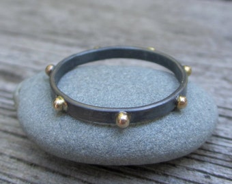 Sterling Silver + 14k Gold Studded Dots Ring * Stacking Oxidized or Shiny * Gold Balls Edgy Modern Clean Simple Blackened Organic Stack