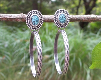 Handmade Turquoise + Patterned Wire Hoops Earrings * Boho Style Double Beaded Border Oxidized Finish Everyday Natural Nevada Turquoise