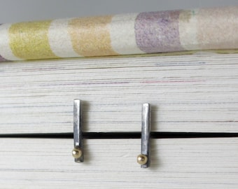 14K Gold + Blackened Sterling Silver Bar Studded Earrings * 9mm length * Minimalist Geometric Edgy *