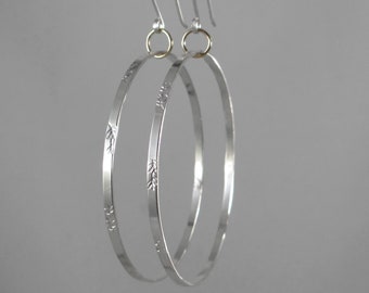 Floral Vine Hoop Earrings * Sterling Silver Vine Leaf Stamped + 14k Gold Ring * Delicate Dainty Simple Elegant * Big Large Stamped Hoop