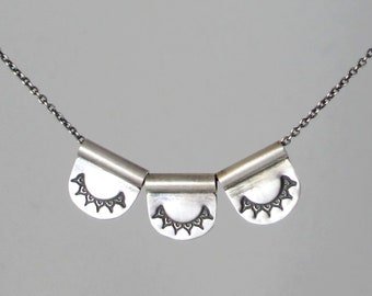 Sterling Silver Handmade Triple Charm Layering Necklace * Hand Stamped Sun Eyelash Tube Pendants * Neutral Celestial Three