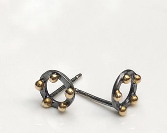 14K Gold + Blackened Sterling Silver Open Circle Studded Earring * 6.5mm * Minimalist Geometric Edgy *