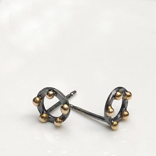 14K Gold + Blackened Sterling Silver Open Circle Studded Earring * 6.5mm * Minimalist Geometric Edgy *