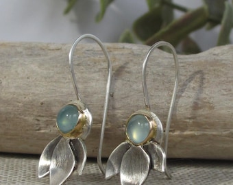 14K Gold, Sterling Silver + Aqua Chalcedony Lotus Earrings * Handmade Flower Oxidized Boho Mixed Metals