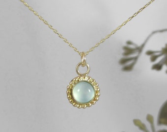 Handmade 14K Gold Gemstone Halo Necklace: Turquoise Chalcedony Pendant