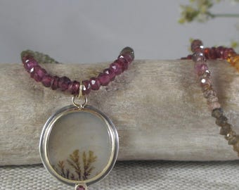 Beautiful Faceted Sapphire Beads + Handmade Dendritic Agate, 14k Gold + Silver Necklace * Ombre Colors Artisan Layering September Birthday