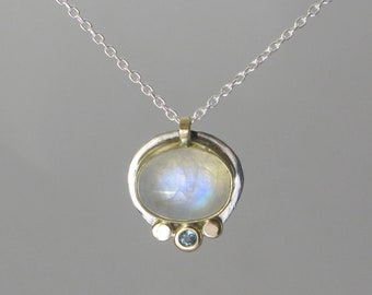 Rainbow Moonstone and Blue Topaz Necklace * 14k Gold + Sterling Silver Mixed Metal * Handmade Simple Setting Blue Flash Artisan Pendant