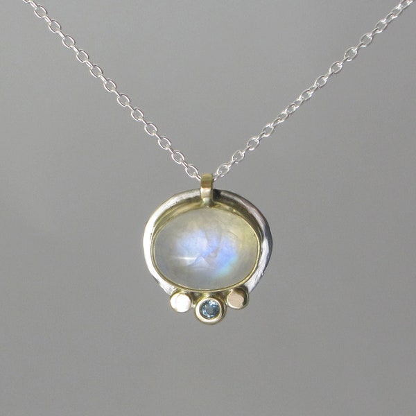 Rainbow Moonstone and Blue Topaz Necklace * 14k Gold + Sterling Silver Mixed Metal * Handmade Simple Setting Blue Flash Artisan Pendant