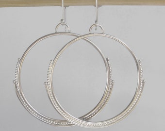 Handmade Boho Layered Sterling Silver Hoop Earrings * Dangle Style Twisted Wire Shiny Finish * Minimalist Everyday Extra Large Eye Catching