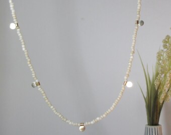 Beautiful Vintage Glass Seed Beads + Solid 14k Gold Beaded Charm Necklace * Handmade Neutral Jewelry Charms * Artisan Layering Necklace Boho