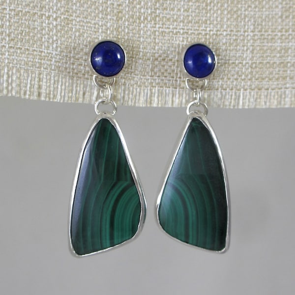 Vibrant Malachite + Lapis Lazuli + Sterling Silver Earrings * Organic Round Shaped * Colorful Fun Rich Studs * Handmade One of a Kind