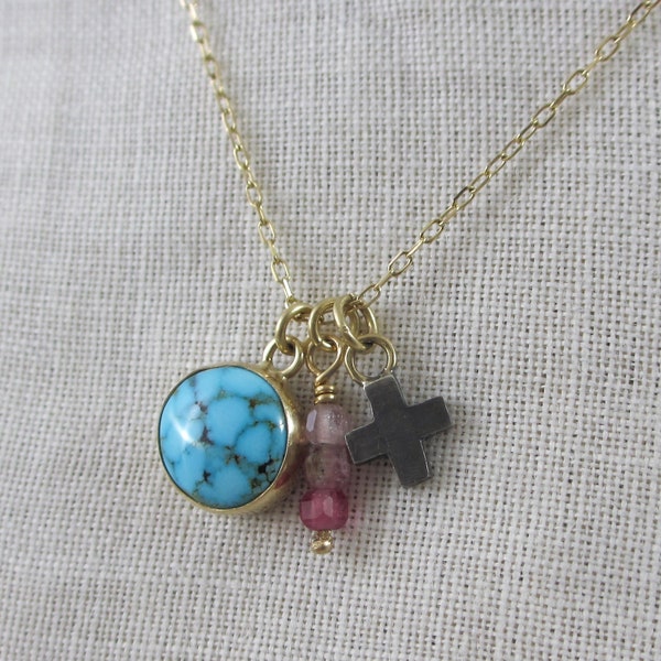 Stunning Lone Mountain Turquoise, Pink Tourmaline + Cross Charm Necklace * 14K Gold + Sterling Silver * Multi Charm Artisan Heirloom