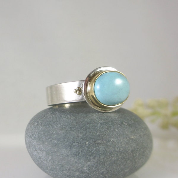 Handmade 14k Gold Sterling Silver + Carico Lake Turquoise Ring * Dots Detail Wide Band Sz. US6.75 * Tiffany Robins Egg Blue Artisan Jewelry