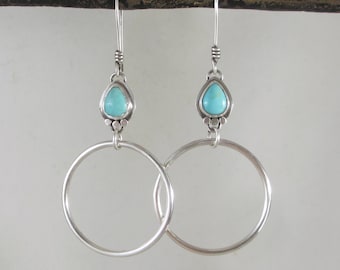 Natural Lone Mountain Turquoise + Sterling Silver Dangle Hoop Earrings * Dots Details * Handcrafted Artisan Shiny Hoops Classic Everyday