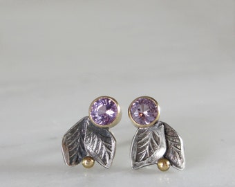 Stunning Natural Sapphire 14K Gold + Sterling Silver Petal Stud Earrings * Pink Sapphire Hand Stamped Leaves Mixed Metal Fine Jewelry OOAK