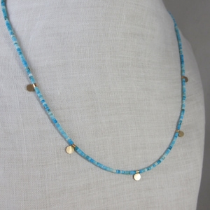 Beautiful Natural Turquoise Heishi + Solid 14k Gold Beaded Charm Necklace * Handmade Vibrant Jewelry Charms * Artisan Layering Necklace Tube