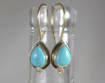 Gorgeous Natural Chilean Turquoise + Diamond Earrings in 14k Gold + Sterling Silver * Artisan Earrings Robins Egg Blue Teardrop Mixed Metals