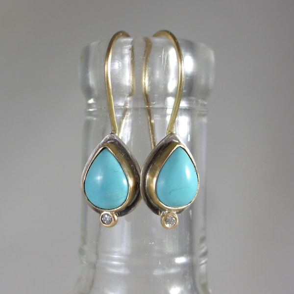 Gorgeous Natural Chilean Turquoise + Diamond Earrings in 14k Gold + Sterling Silver * Artisan Earrings Robins Egg Blue Teardrop Mixed Metals