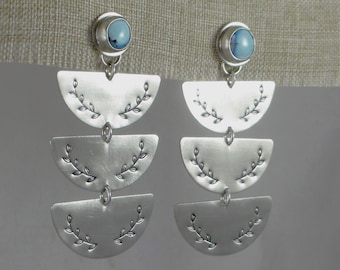 Triple Half Moon Earrings * Handmade Sterling Silver + Golden Hills Turquoise * Studs Dangle Style Hand Sawn Floral Design Petal Stamping