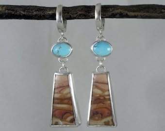 Earthy Landscape Jasper + Lone Mountain Turquoise Sterling Silver Earrings * Trapezoid Ovals * Leverback Hoops * Handmade One of a Kind