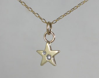 Sweet 14k Gold Star + Diamond Charm * Tiny Small Solid Gold Pendant Celestial Jewelry Handmade * Dainty Layering Necklace Rose Yellow Gold