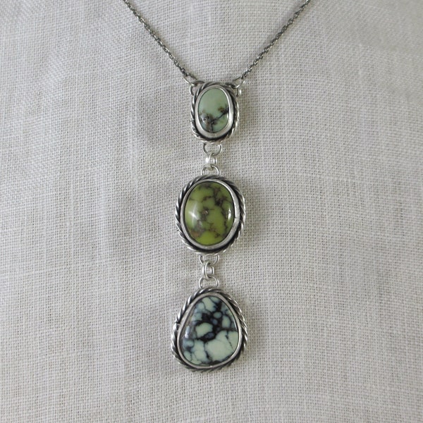 Cascade Necklace * Poseidon Variscite + Damele Turquoise in Sterling Silver * Handmade Oxidized Twisted Wire Border * Gorgeous Greens + Aqua