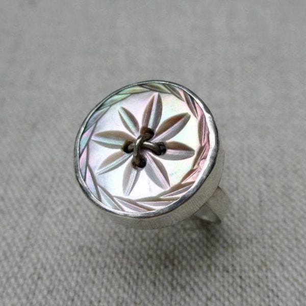 SALE * Antique Button Ring * Sterling Silver and Vintage Mother of Pearl Button * One of a Kind Sz US7.25