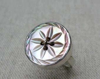 SALE * Antique Button Ring * Sterling Silver and Vintage Mother of Pearl Button * One of a Kind Sz US7.25