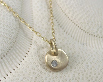 Tiny Organic Diamond and 14k Yellow Gold Necklace * Gold Pendant Disc Charm, Small Pendant Dainty