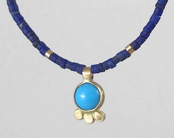 Lapis, Turquoise and 14k Yellow Gold Beaded Necklace * Handmade 14k Bezel Pendant with Turquoise Cabochon * Tiny Heishi Beads, Blue