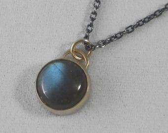 14k Gold and Labradorite Cabochon Stormy Necklace * Bezel Set Labradorite on an Oxidized Sterling Silver Chain * Dark Stormy Moody