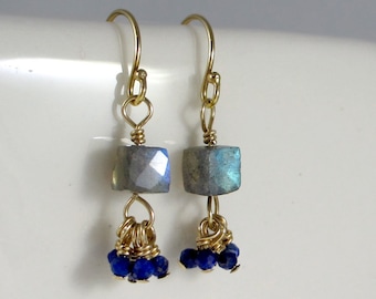 Labradorite and Lapis Dangling Earrings * Handmade Perfect Everyday * 14K Gold-filled
