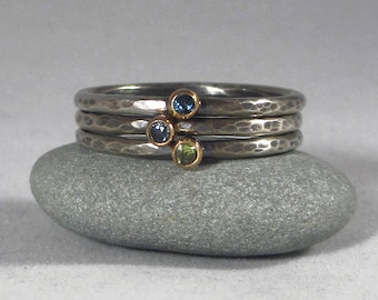 Petite Gemstone Stacking Ring * 2mm Faceted 14K Yellow Gold Bezel Sterling Silver Band * Hammered or Smooth Finish Oxidized