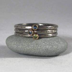 Petite Gemstone Stacking Ring * 2mm Faceted 14K Yellow Gold Bezel Sterling Silver Band * Hammered or Smooth Finish Oxidized