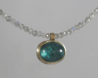 St. Barths Necklace * Natural Apatite Cabochon and Tiny Faceted Labradorite Beads in 14k Gold and Sterling Silver * Handmade Pendant Simple