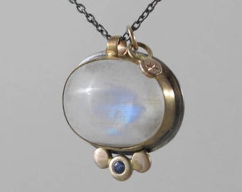 Rainbow Moonstone and Sapphire Necklace * 14k Gold Sterling Silver Mixed Metal * Moon and Star