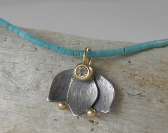 Blooming Lotus Necklace * Turquoise Heishi Bead, White Topaz, 14k Gold + Sterling Silver * Handmade Artisan Pendant Charm Oxidized Yoga Boho