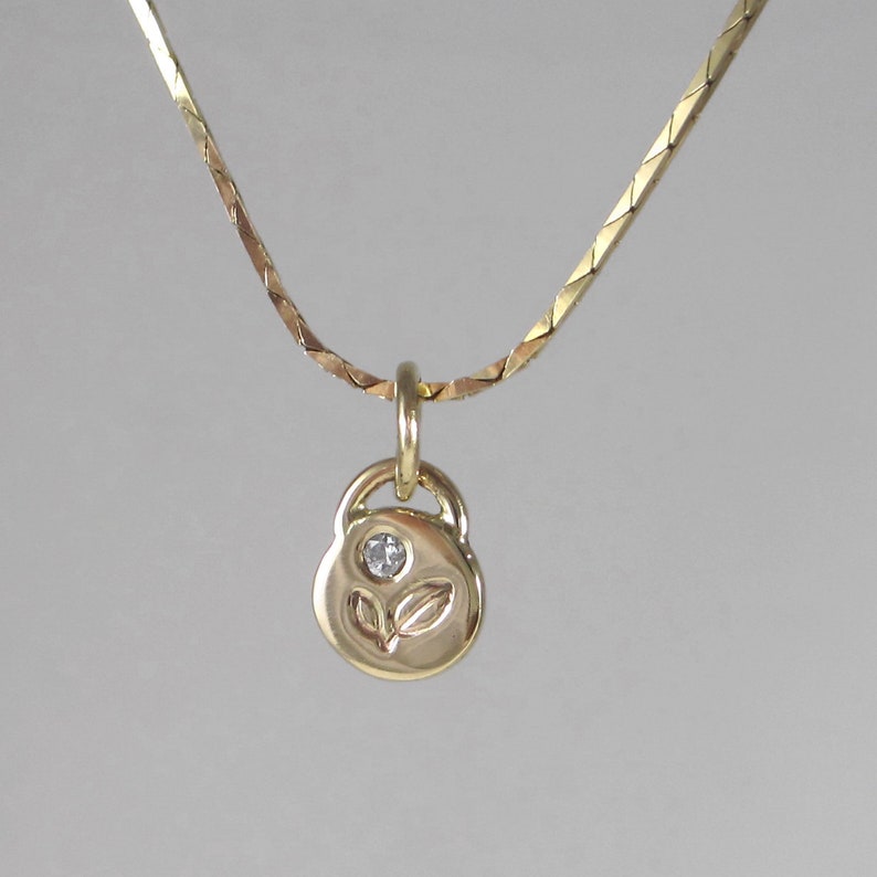 Diamond Petal Charm 14k Gold and Natural Diamond Handmade Pendant Small Layering Necklace Recycled image 1