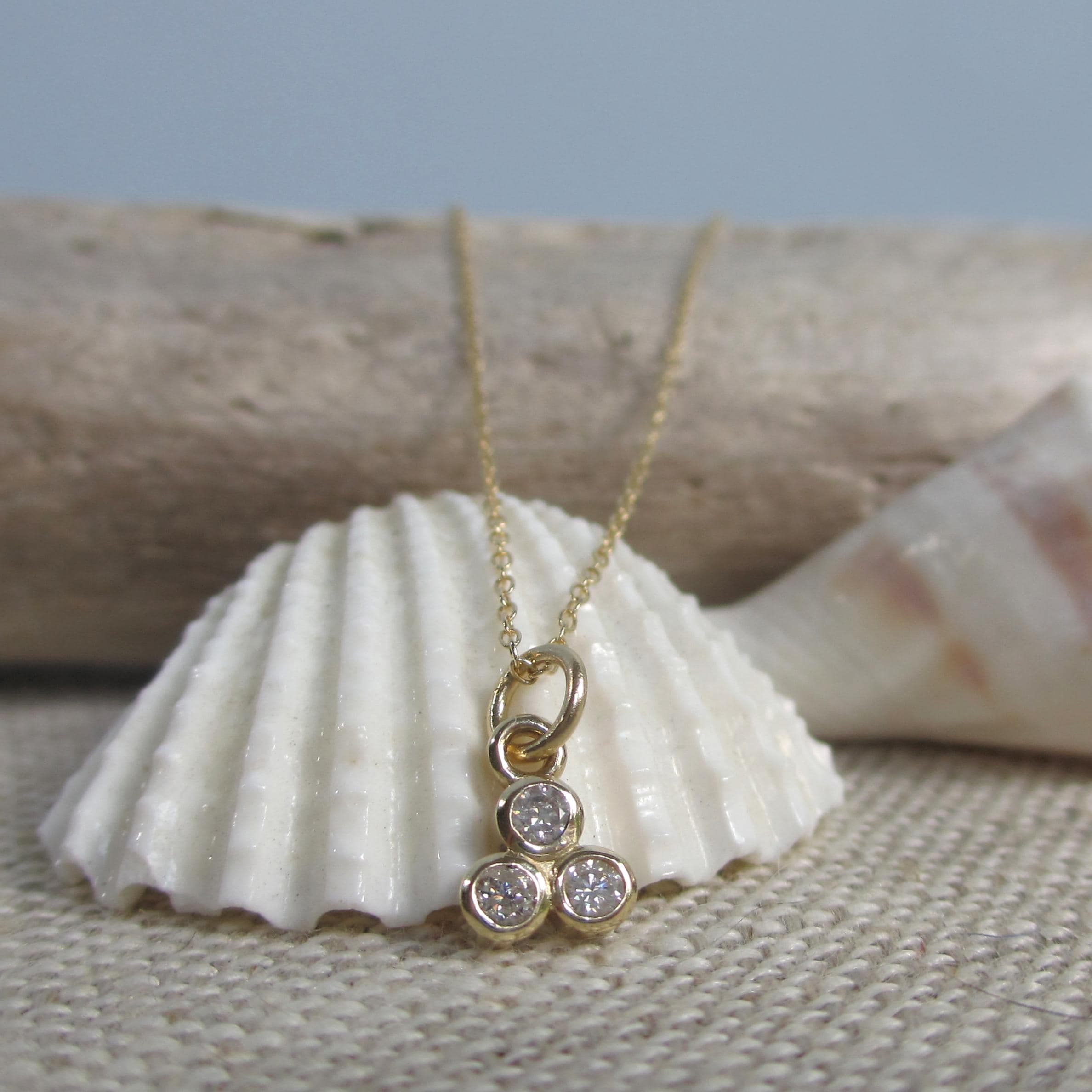 Three Stone Triple Diamond + 14k Yellow Gold Pendant Necklace * Trinity Charm * Family Bridesmaid Anniversary