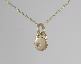 Tiny Organic Diamond and 14k Yellow Gold Lock Necklace * Gold Pendant Disc Charm, Small Pendant Dainty Handmade Locket