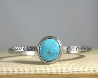 Stunning Sterling Silver + Royston Turquoise Cuff Bracelet * Hand Stamped Stacking Bangle * Boho Meadow Flower Shiny Finish