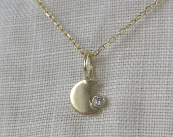 Sweet 14k Gold Crescent Moon + Diamond Charm * Tiny Small Solid Gold Pendant Celestial Jewelry Handmade * Dainty Layering Necklace Rose Gold
