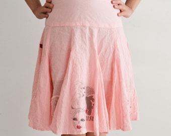 Pink skirt with prints, midi skirt, cotton, Vintage