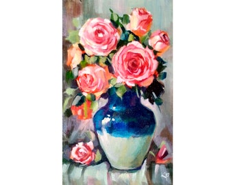 Pink roses, flower painting, author's painting, modern painting, painting on canvas, Flowers in a vase 20,5х12,5cm