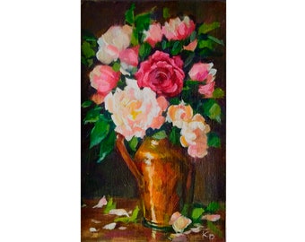 Pink roses, flower painting, author's painting, modern painting, painting on canvas, Flowers in a vase 20х12cm