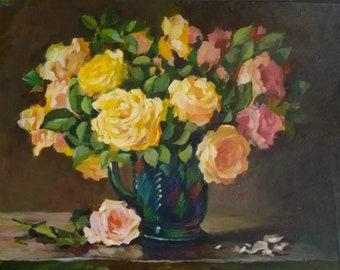 Yellow roses, flower painting, author's painting, modern painting, painting on canvas, Flowers in a vase 25х31cm