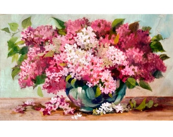 Lilac,White lilac, flower painting, author's painting, modern painting, painting on canvas, Flowers in a vase 12,5х19,5cm