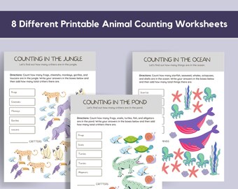 May include: Three printable worksheets for kids to count animals. The first worksheet features jungle animals like toucans, gorillas, and cheetahs. The second worksheet features ocean animals like starfish, whales, and octopuses. The third worksheet features pond animals like frogs, turtles, and alligators.