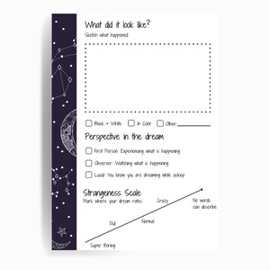 May include: A printable dream journal page with a black and white starry night background. The page includes sections for sketching, describing the dream, and rating the dream's strangeness.